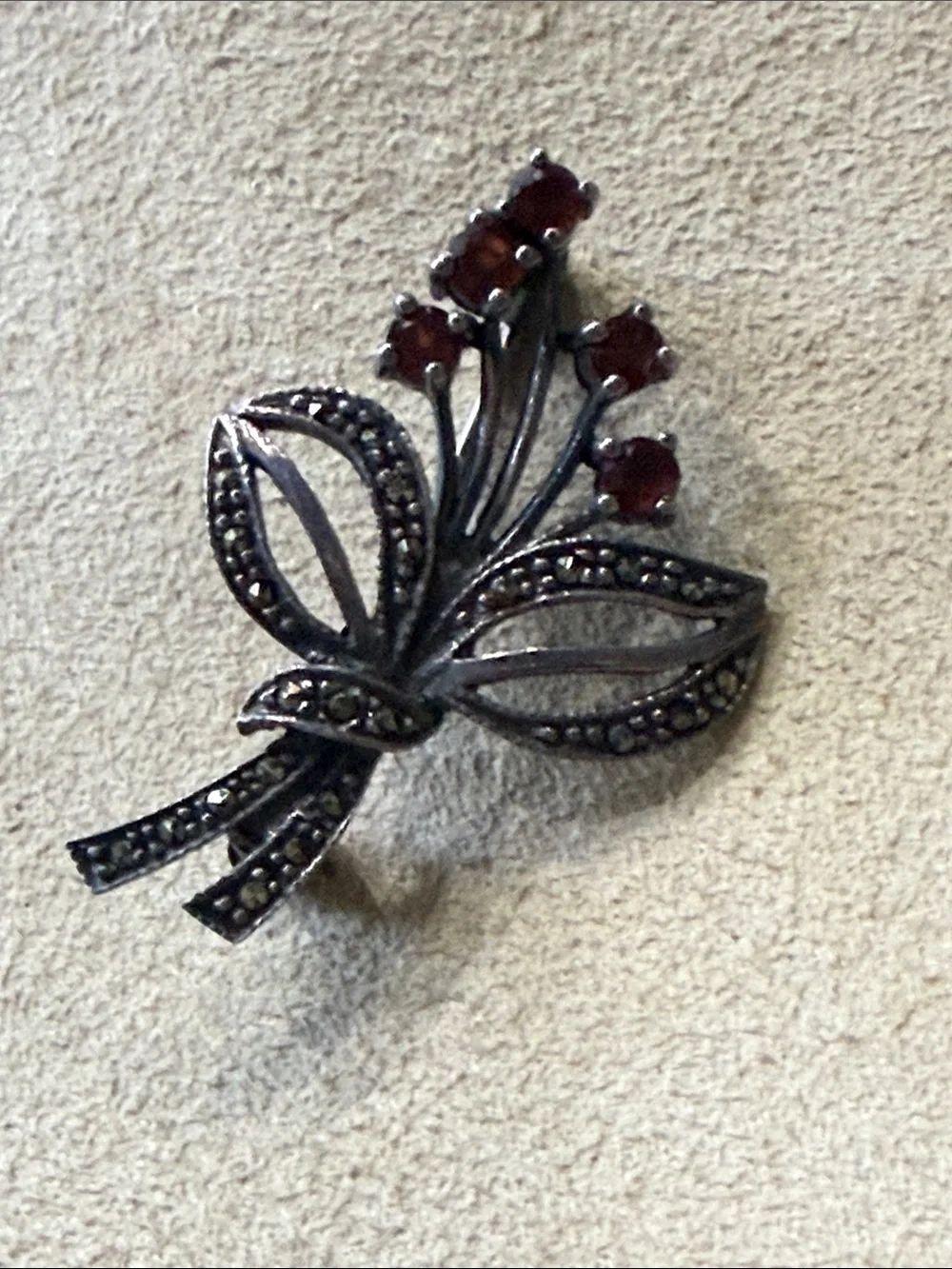 Vintage-Inspired Marcasite Flower Sterling Silver Brooch with Garnet Stones!